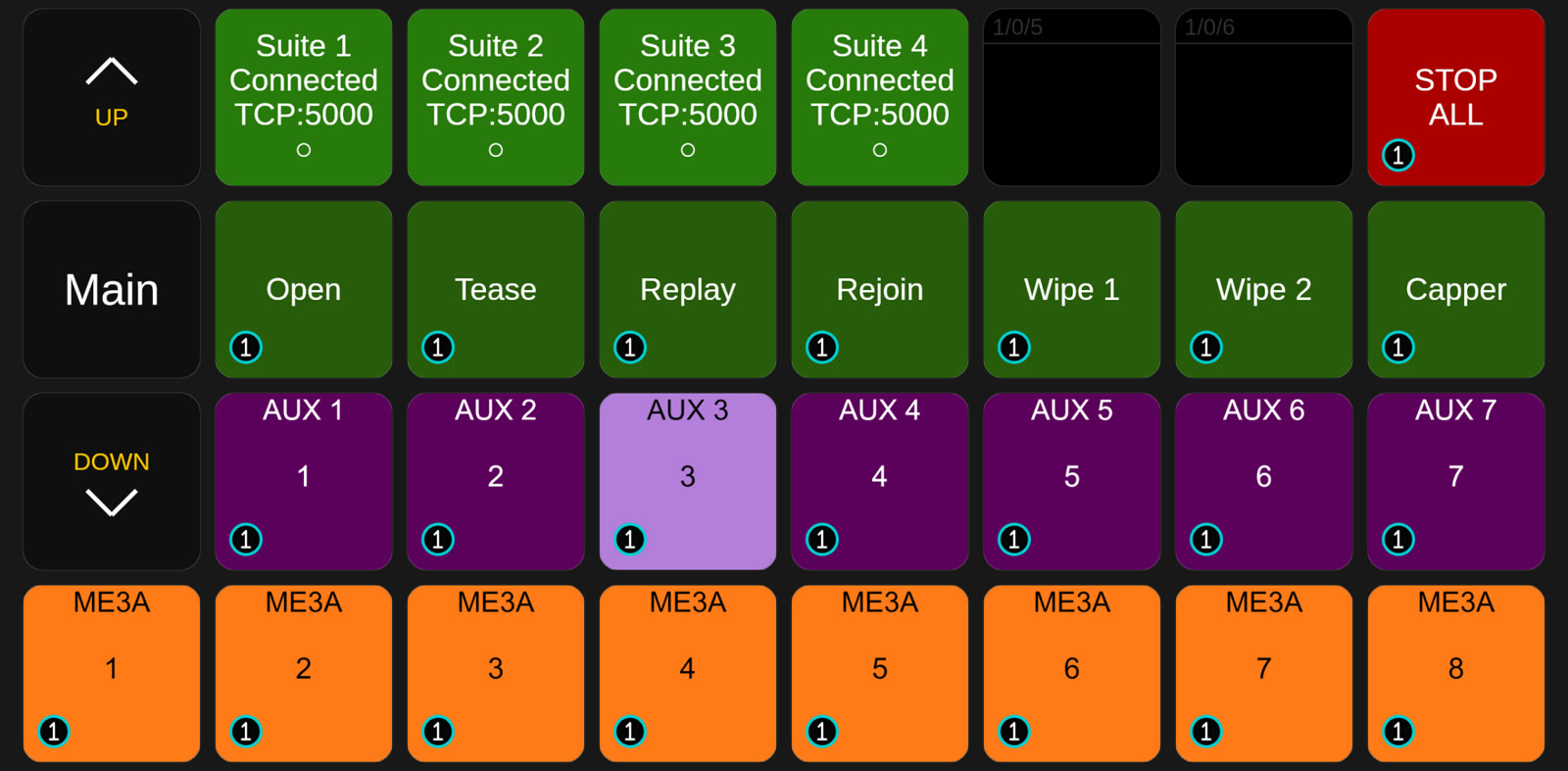 Companion page with suite connection status, macro, AUX and ME3 crosspoint buttons