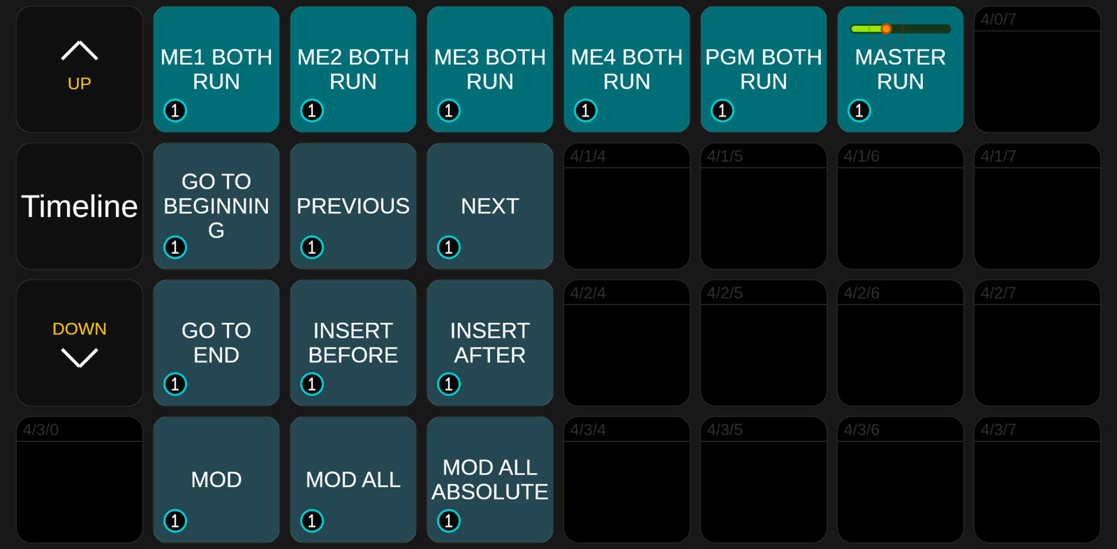 Companion buttons: Timeline RUN for each M/E and the nine timeline edit buttons